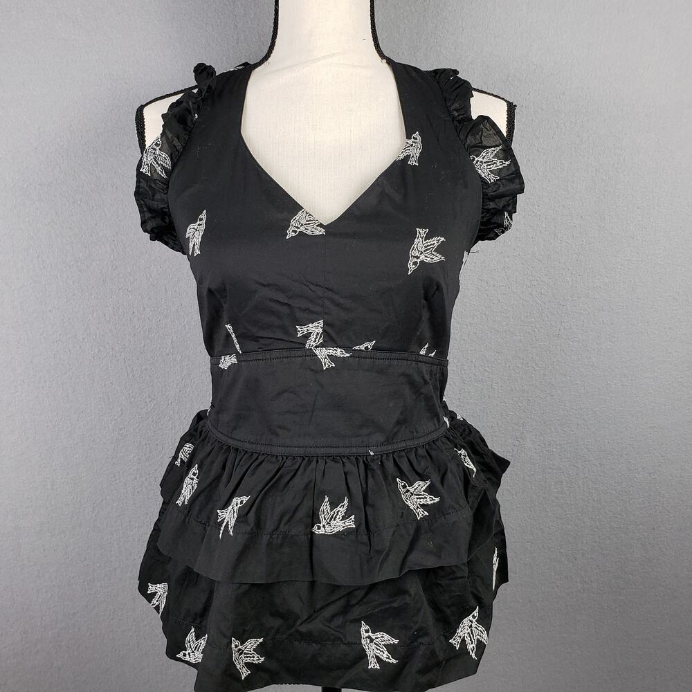 Girls From Savoy Size 6 Smocked Ruffle Peplum Top Black Swallow Bird Print Twee
